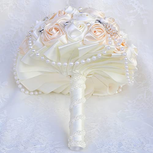 Ivory and Champagne Bridal Wedding Bouquet with Rhinestone Brooch Pearl String Cascade Bouquet for Bride Bridesmaid Quinceanera Satin Rose Flower Bouquet Wedding Champagne and Ivory 6.3in - color: Champagne & Ivory, size: Small (DIA. 6.3"/16cm)