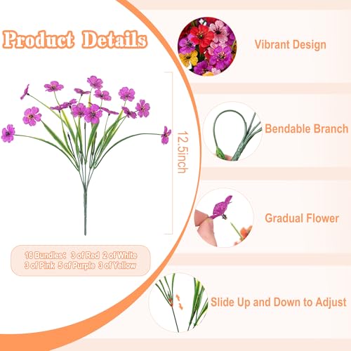 Ammyoo 16 Pcs Artificial Fake Flowers for Outdoor Spring Decoration, Faux Silk Flowers No Fade Uv Resistant Daisy Flower Plants for Outdoor Planters Garden Yard Porch Patio Balcony Pathway Decor (Mix) - color: Multicolor（red, White, Pink, Yellow, Purple）