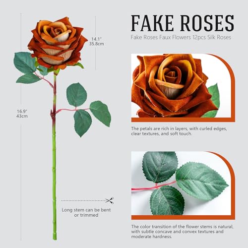 Ttranewsoo Fake Roses Faux Flowers Silk Roses Artificial Roses with Stems Realistic Artificial Flowers 16.5In Suitable for Indoor Home Decoration DIY Bouquet Wedding Decor Party Decor (Orange) 12PCS - color: Orange 12pcs