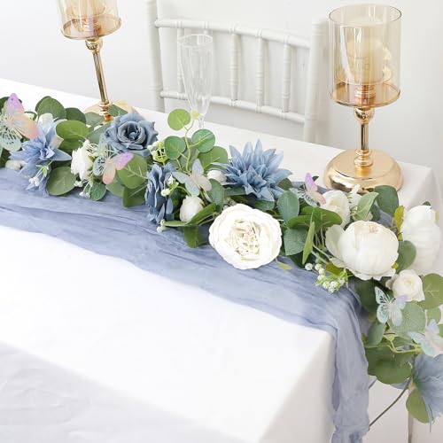 Eucalyptus Garland with Flowers - 2 Pack 5.9 FT Artificial Flower Garland with Butterflies Faux Rose Greenery Garlands for Backdrop Wedding Arch Centerpieces Decorations - Dusty Blue & White - color: Dusty Blue & White, size: 2 Pack