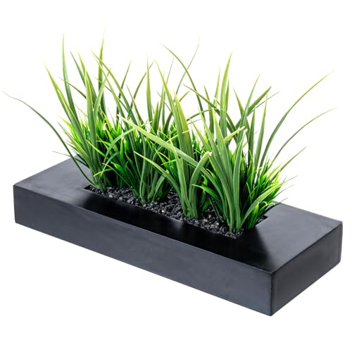 MyGift Large Artificial Green Grass Plants Potted in 14-Inch Matte Black Wood Decorative Planter, Tabletop Faux Greenery in Wooden Rectangular Pot Centerpiece Décor - color: Black, size: 14 Inch