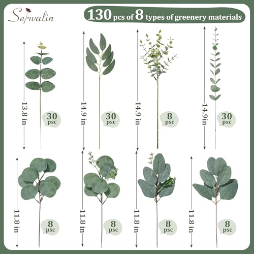 Serwalin 130 Pcs 8 Kinds Mixed Eucalyptus Stems Bulk,Artificial Greenery Silver Dollar Eucalyptus Leaves Picks for Centerpieces Vase DIY Bouquet Arrangement Home Decor - color: Attractive Eucalyptus Leaves Stems