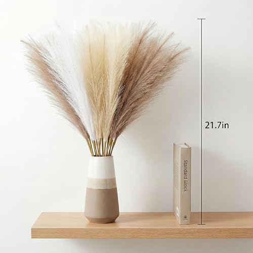 Pampas Grass Decor 21.7 Inch 30pcs, Faux Pampas Grass White Beige Brown Ultra Fluffy No Shedding for Boho Home Bedroom Wedding Vase Filler Dried Flower Arrangement - size: White Beige Brown