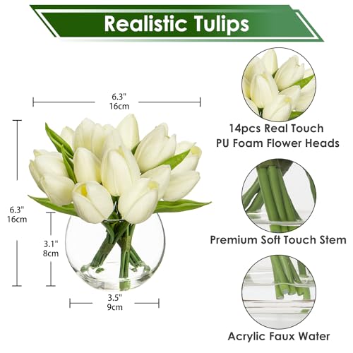 DILATATA Artificial White Tulips in Vase with Faux Water 6" Real Touch Flowers Fake Tulips Small Flowers Arrangement in Round Glass Vase for Mother's Day Table Centerpiece Wedding Home Decor - color: Round Vase/White/1 Set