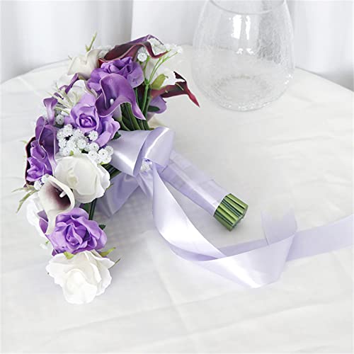 Purple White Wedding Bouquets for Bride Bridesmaid Artificial Flower Handheld Cascade Bridal Tossing Bouquet for Wedding Anniversary Bridal Shower Party Valentine's Day Party Decorations - color: Purple Bouquets