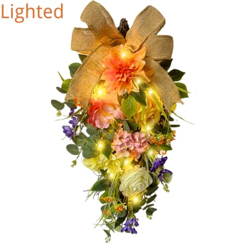 Svndlyn Spring Summer Floral Teardrop Swags Lighted Mixed Flower Teardrop Wreath with Dahlia Pinnata Peonies Rose Burlap Bow and Eucalyptus Leaves Floral Arrangement for Door Wall Mantel Window
