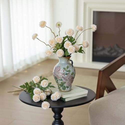 mizii 6Pcs Beige Fake Silk Pompon Mum Artificial Flowers Bulk Small Faux Chrysanthemums with Stems Floral Decorations for Wedding DIY Bouquet Centerpieces Shower Vase Home Decor (Bright Beige) - color: Bright Beige