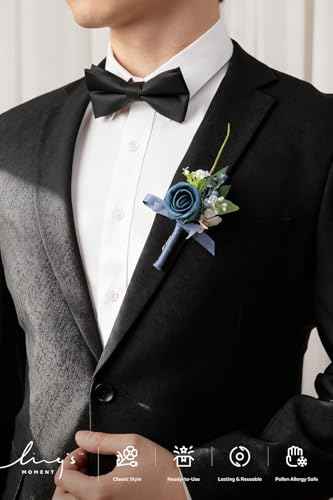 Ling's Moment Boutonniere for Men, 6pcs Groom Groomsmen Boutonniere with Built-in Pins, Artificial Flowers for Wedding Decor/Prom/Homecoming, etc.Dusty Blue Light Blue - color: Blu-dusty Blue & Light Blue