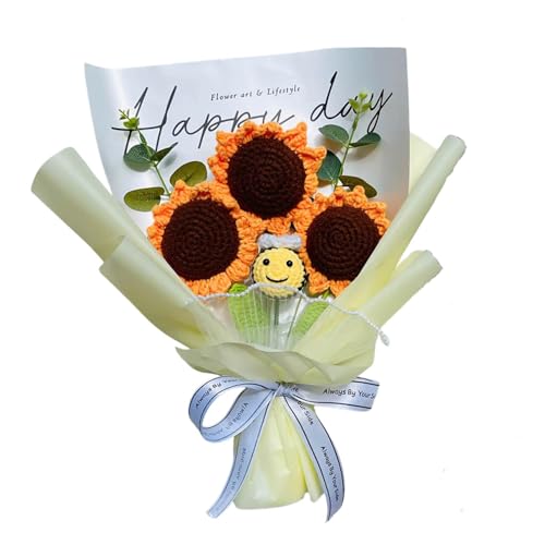 Completed Bee Crochet Flowers Bouquet, Handmade Knitted Bouquet, Crochet Artificial Flowers for Mother's Day Birthday, Wedding Home Decor, Gifts for Mom (Sunflower & Bee) - style: Sunflower & Bee