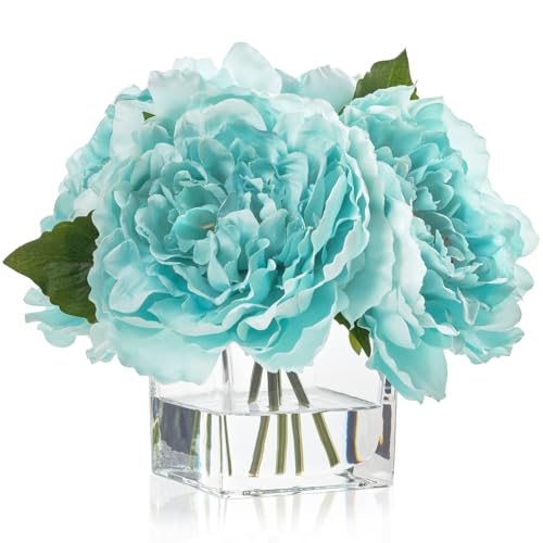 Artificial Peonies Flowers Arrangements in Cube Glass Vase, WELLKNOWN Silk Flower Centerpieces for Dining Room Table, Coffee Table Decor, Faux Peony Flowers with Faux Water(Light Teal Blue) - color: Light Teal Blue