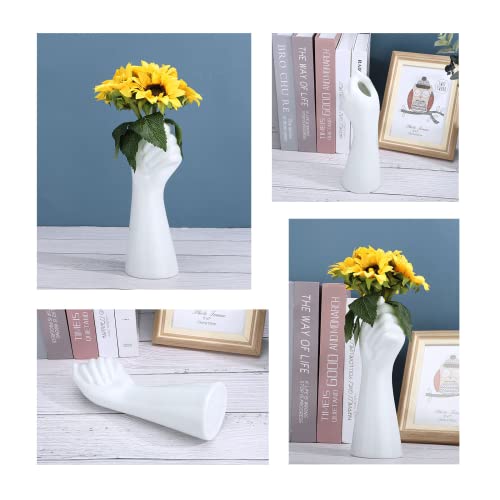 9 Inch Modern Art Ceramic Flower Vase Hand Holding Plants Flower Container, Tabletop White Arm vase for Home Office Decoration