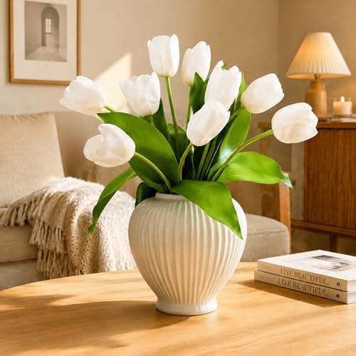 10 Stems Artificial Tulips Bouquet 14" Fake Tulips Flowers Realistic Faux Flowers for Wedding Home Party Decor Spring Decor Valentine's Day and Easter Decorations(White) - color: White