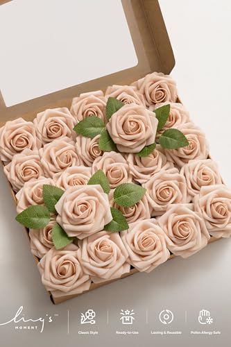 Ling's moment Artificial Flowers 25Pcs Nude Roses Decor w/Stems,3" Real Touch DIY Foam Floral for Wedding Bouquet/Centerpieces, Outdoors Party Backdrop, Room/Table, and Garden/Pot Decorations - color: Br-nude, size: 25Pcs