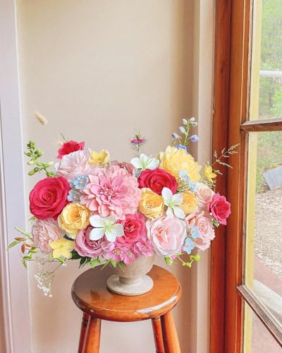 FACINOC Roses Artificial Flowers Pink Yellow Fake Flower Bulk for Easter Spring Wreath DIY Wedding Bouquet Bridal Baby Shower Party Table Centerpiece Home Decorations Silk Floral Arrangements Fuchsia - color: Fuchsia Pink, Yellow