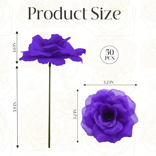 50 Pcs Rose Flower Head, Artificial Flowers Bulk for DIY Crafts, 3in Fake Rose Silk Flower Head wit Stem, Faux Flowers for Decoration, Wedding Home Party Decor Garland Decor (50, Deep Purple) - color: Deep Purple