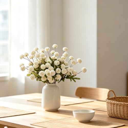 HNVNER Ivory White Faux Flowers for Vase 10PCS, Fake Flowers Mini Silk Pompon Mum Long Stem, Realistic Small Artificial Chrysanthemum for Home Decorations Kitchen Table Centerpiece Wedding - color: Ivory White