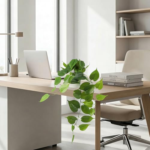 Fake Pothos Hanging Plant – Artificial Plastic Ivy Vines with White Pot, Realistic Faux Greenery for Indoor Home Office Bathroom Shelf Cabinet Decoration - color: Green With White Pot