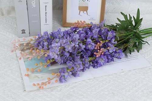6 PCS Purple Delphinium Artificial Flowers, Long Stem Artificial Flowers with Bendable Stems, Silk Larkspur for Tall Vase Home Garden Wedding Table Decor - color: Purple