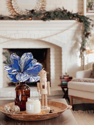Briful 3PCS Magnolia Artificial Christmas Flower 21.2" Blue Fake Magnolia Flower Stems with Specially Designed Mottled Petals Christmas Tree Flowers for Holiday Wreath Garland Xmas Decor - color: Blue Silver