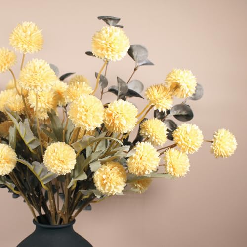 RyddeligHome Yellow Flowers Artificial 10 Long Stems Kiku Flower with Eucalyptus, Spring Flowers Decor, Mustard Yellow Decor, Flores Amarillas Artificiales para Decoracion, Faux Summer Floral Stems - color: Yellow