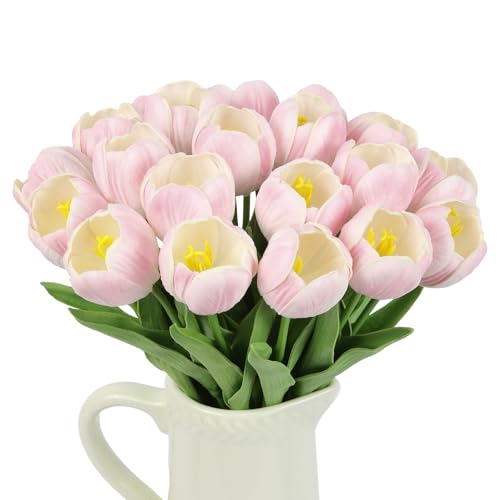 20pcs Fake Tulips Artificial Flowers PU Faux Tulip Stems Arrangement for Wedding Spring Bouquet Easter Valentine's Gift Home Party Table Office Decor (Pink) - color: Pink