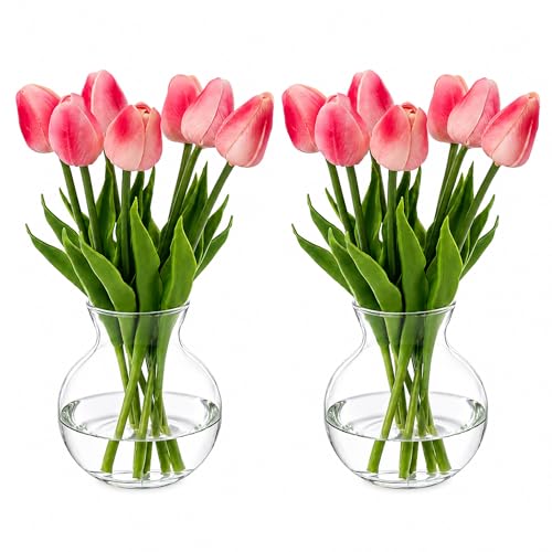 Realistic Fake Flowers Artificial Tulip Arrangement with Glass Vase, Adjustable Stems, for Home Living Room Table Office Wedding Decoration（Pink） - color: Pink
