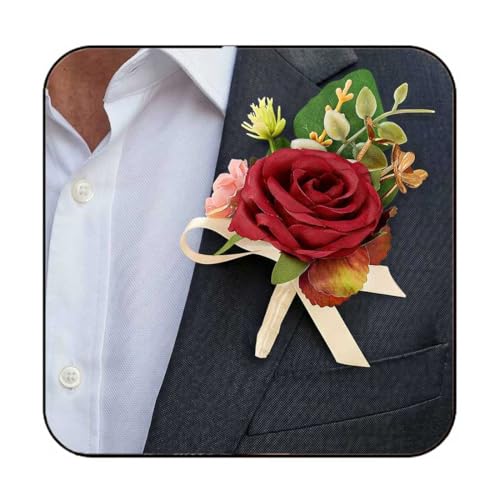 Burgundy Rose Groom Boutonniere for Men Prom Wedding (Burgundy) - color: Red