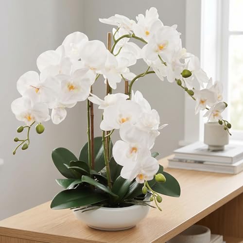 Larksilk 20" White Phalaenopsis Orchid in White Round Pot - Realistic Faux Orchid Arrangement