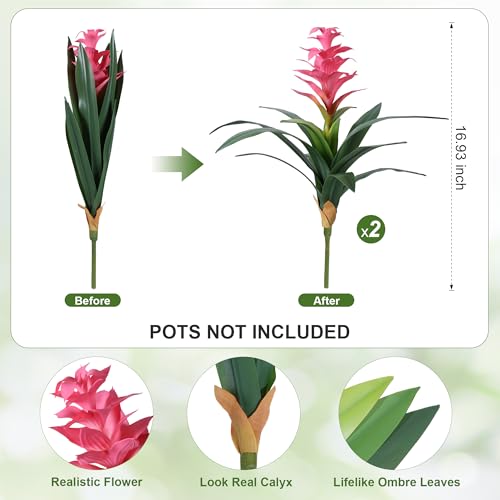 Ivydale Fake Flowers Plants for Outdoors, 2 Pcs 16.93" Bromeliad Artificial Flowers Uv Resistant Realistic Faux Flowers for Outdoor Planters Outside Porch Patio Yard Garden Indoor Decoration(Pink) - color: Pink