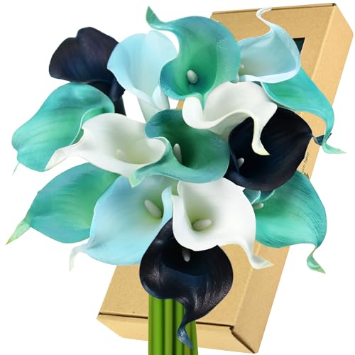 FiveSeasonStuff Posh Blue Mix Real Touch Calla Lilies, 15 Artificial PU Flower Stems with Bendable Green Stems, Faux Calla Lily Bouquet for Vase Arrangements - color: Posh Blue Mix