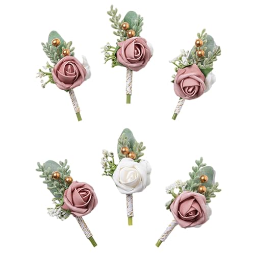 6Pcs Dusty Pink and White Faux Rose Men Boutonnieres for Wedding | Artificial Foam Rose Boutonnieres for Wedding Prom Groom Groomsmen Homecoming Party Suit Decoration - color: 1 White & 5 Pink