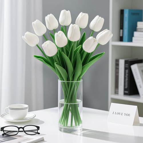 20 Pcs White Fake Tulips Artificial Flowers 13" Faux Flowers Real Touch PU Tulips Bouquet for Mother's Day Floral Arrangement Home Kitchen Table Wedding Decorations - color: White