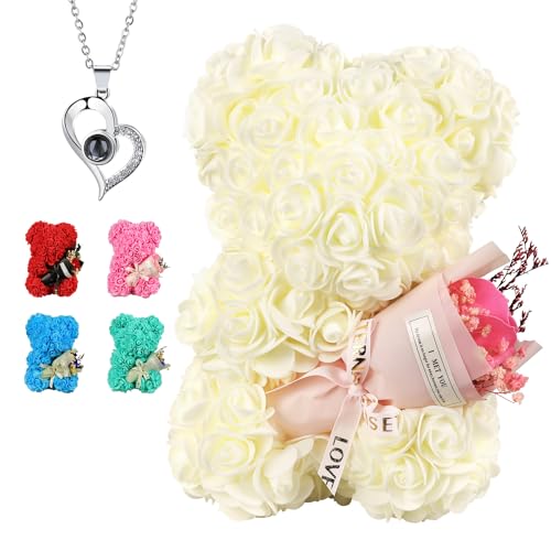 Gifts for Mom Rose Bear, Rose Teddy Bear Birthday Gift for Girlfriend Wife, Rose Flower Gift for Women,Valentines Gifts,Flower Bear with I Love You Necklace - color: White Rose