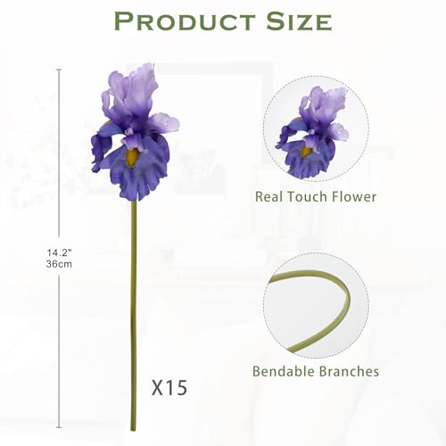 Hollyone Iris Artificial Flowers 15Pcs Faux Iris Light Purple Flowers 14.2" Real Touch Fake Flowers Picks Bouquets for Wedding Bridal Home Arrangements Office Table Centerpieces Decor - color: Gradient Purple