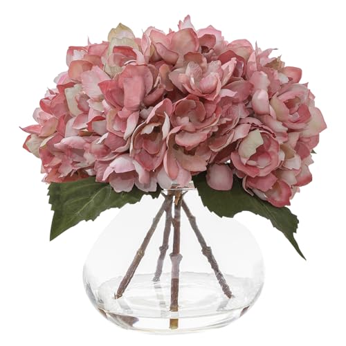 Light Pink Artificial Hydrangea Flowers with Glass Vase, Faux Floral Arrangements with Fake Water, Lifelike Hydrangeas Table Centerpieces for Dining Room, Coffee Table, Bathroom Decor - color: D-light Pink