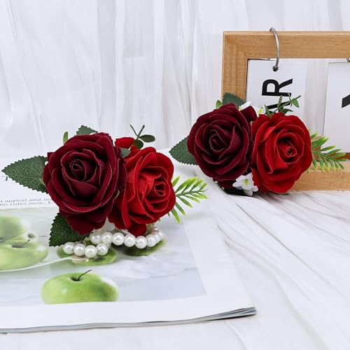 2Pcs Burgundy & Red Rose Wrist Corsage Wristlet Band and Men Boutonniere Set, for Wedding Bride Bridesmaids Groom Groomsmen Accessories Prom Party Artificial Flowers Decorations - color: Burgundy & Red