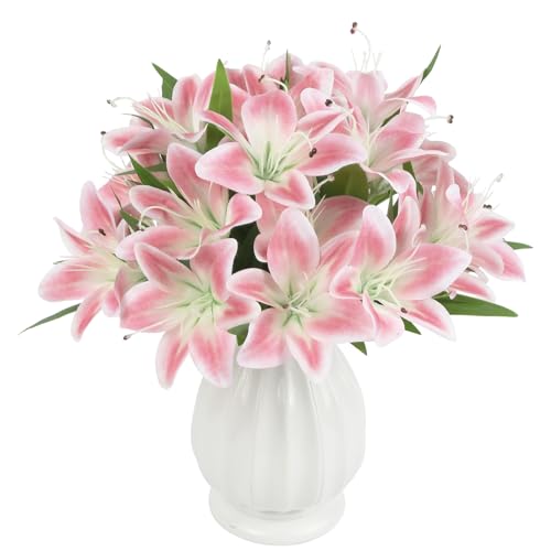4 Bundles Pink Lily Artificial Flowers 20Heads Fake Lilies with Stems 12.2" Faux Silk Flowers for Wedding Mother's Da Baby Shower Party Easter Home Table Centerpieces Floral Arrangements (Pink) - color: Pink
