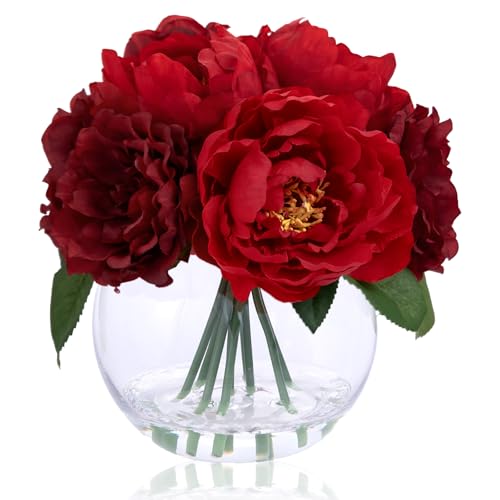 WELL KNOWN Peony Artificial Flowers in Vase, Burgundy Red Silk Flower Arrangement with Vase with Faux Water for Spring Home Table Centerpieces Wedding Birthday Party Decor & Mom's Birthday Gift - color: Burgundy Red