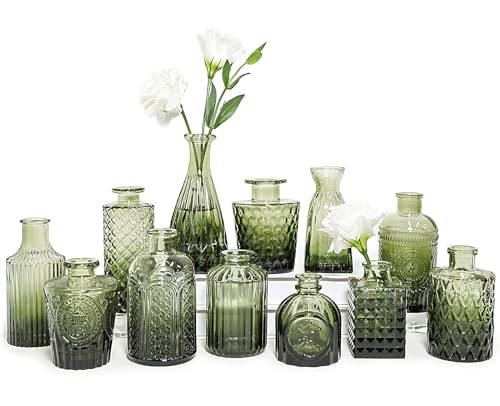 SUPMIND 12pcs Glass Bud Vase Set, Small Green Flower Vases for Centerpieces in Bulk, Mini Vintage Vase for Wedding, Home,Table Decoration - color: Green, size: 12Pcs