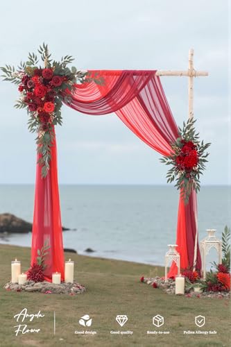 Deluxe Wedding Arch Flowers with Drapes Kit Pack of 4, 2pcs Burgundy & Red Hanging Silk Flowers Arrangement 2pcs Chiffon Drapes for Ceremony Arbor Party Outdoor Decor - color: Burgundy & Red