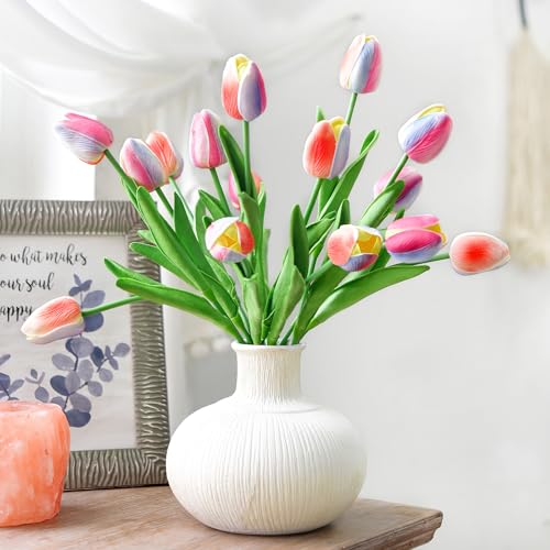 FiveSeasonStuff Real Touch Rainbow Tulips Bouquet, 15 Multicolor Artificial Stems with Soft PU Petals - color: Pastel Rainbow