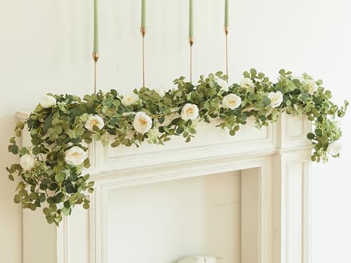 PARTY JOY 6.56ft Eucalyptus Garland with Flowers-8 White Roses, Artificial Fake Flowers Greenery Garland Floral Vines for Decoration Party Wedding Table Indoor Outdoor Backdrop Wall Decor(White) - color: White, size: 1PC