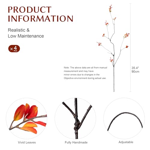 Ttranewsoo Fall Stems Artificial Ficus Branches, 35.4 Inch Faux Eucalyptus Stems Fall Decor, Fake Leaves Fall Decorations for Home, Autumn Table Decor Fall Branches for Vase (Yellow, 4 Pcs) - color: Orange2