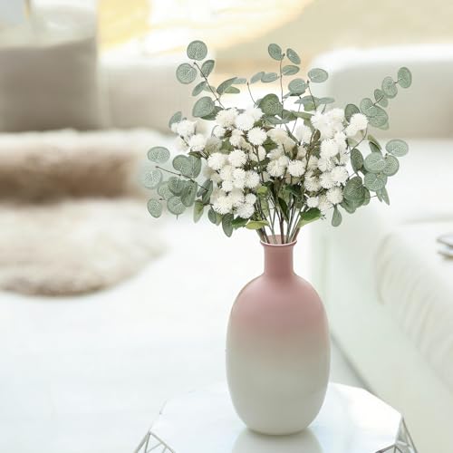 Artificial White Flower Chrysanthemum and Eucalyptus Stems Set,Faux Pom Pom Flowers with Realistic Silk Eucalyptus Leaves Bendable Long Stems for Vase Home Table Centerpiece Decor