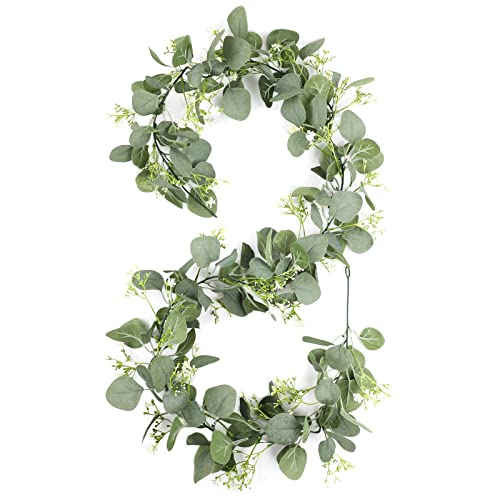 Gypsophila Artificial Eucalyptus Garland 2 Pack, 5.8Ft Faux Baby Breath Flowers Vine, Real Touch Hanging Flower Decor for Wedding Arch Party (White)