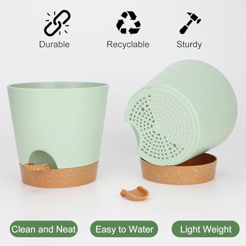 YNNICO 8-Inch Plant Pots, Self-Watering Planters with Drainage Holes & Saucers for Indoor and Outdoor Plants (2-Pack, Green) - color: Green, size: 8 inch