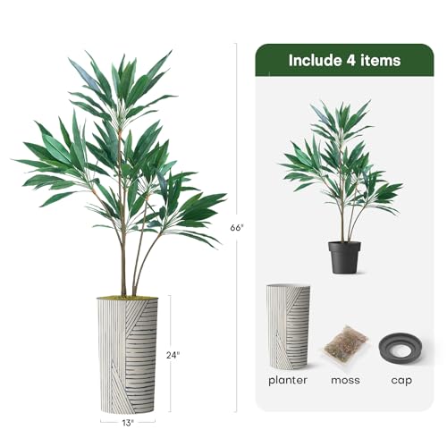 SIGNWIN Artificial Tree in Geometric Pattern Planter, Fake Dracaena Tree Silk Tree for Indoor and Outdoor Home Decoration - 66" Overall Tall (Plant Pot Plus Tree) - style: Dracaena Tree