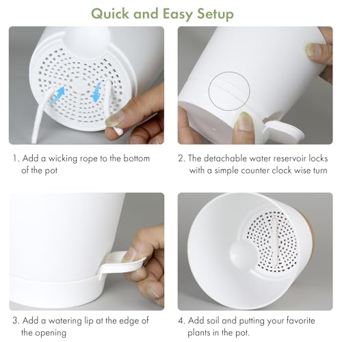 WSMKSZ 7/6.5/6/5.5/5/4 inch Self Watering Pots for Indoor Outdoor Plants, 6 Pack Plastic Flower Planters with Drainage Holes and Removable Saucers, Plant Pots with Wicking Rope, Modern Decor, White - color: White, size: 7+6.5+6+5.5+5+4inch 6pcs