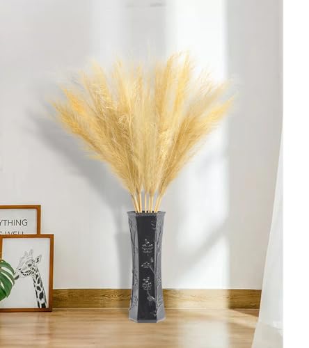 9 Pcs 45" Tall Pampas Grass Gold Decor, Long Stem Artificial Flower Floor Vase Large Faux Floral Pompas Fake Plants Dried Bouquet Arrangement Vase Filler for Boho Home Wedding Decoration - color: 9 Pcs 45" Gold Style