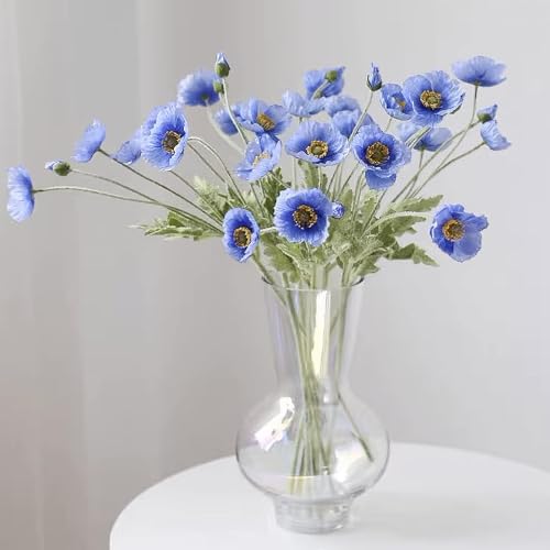 Lifelike Artificial Poppy Flowers, 8 Stems Silk Bouquet with Flocked Stems & Leaves – for Wedding Centerpieces, Home Decor, Table Arrangements - color: 8pcs Blue